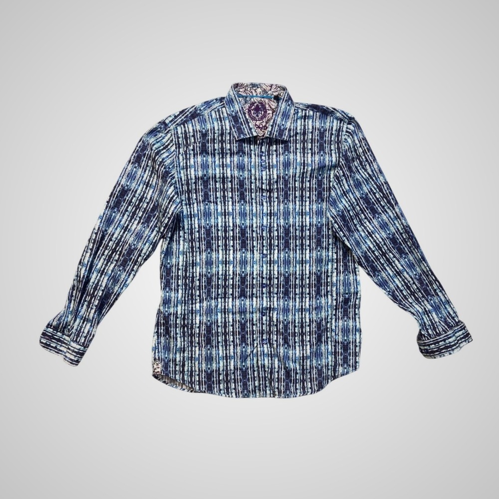 Au Noir Button Down Mens XL Blue White Geometric‎ Long Sleeve Excellent Luxury